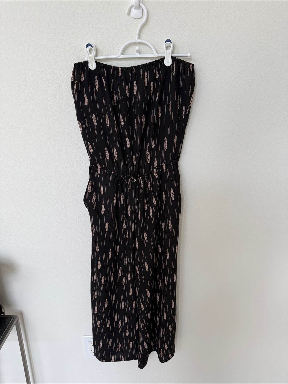 Veronica M Black Strapless Jumpsuit with Beige Feather Motif